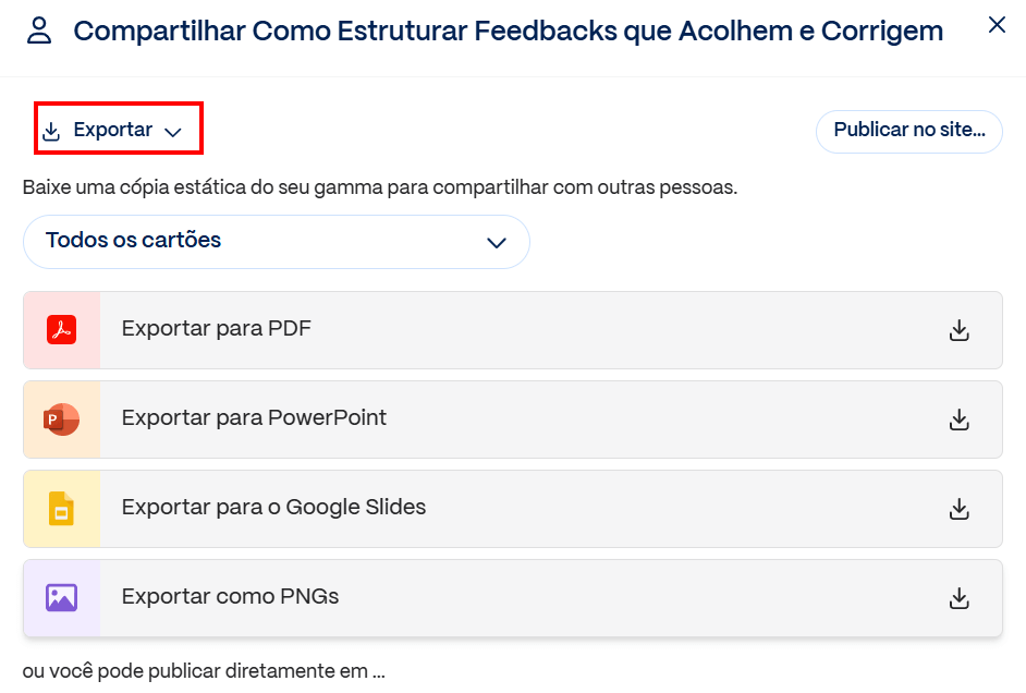 Tela de exportação do Gamma com o título 'Compartilhar Como Estruturar Feedbacks que Acolhem e Corrigem'. O menu 'Exportar' está destacado e abaixo aparecem as opções de download: Exportar para PDF, Exportar para PowerPoint, Exportar para o Google Slides e Exportar como PNGs