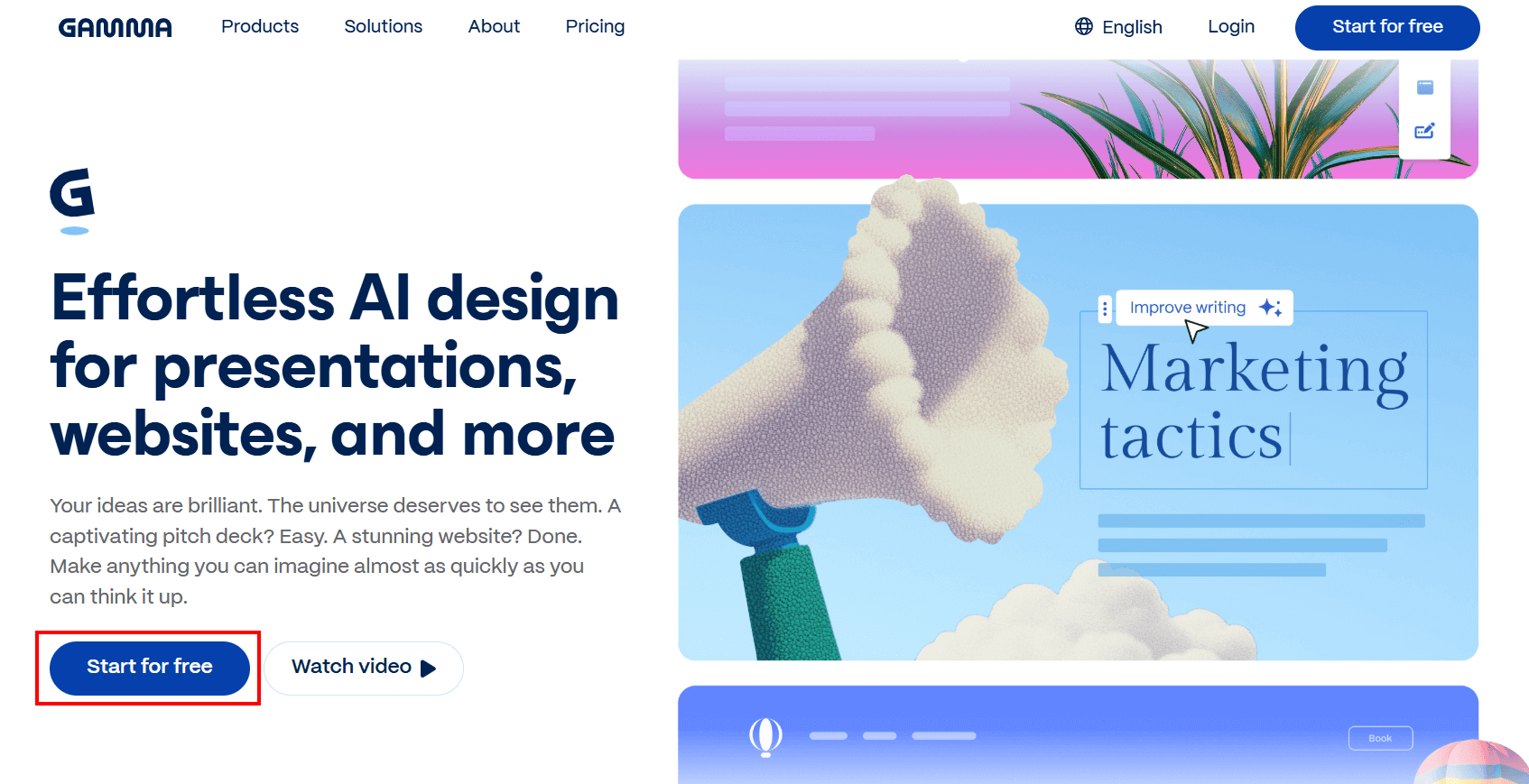 Página inicial do site Gamma, exibindo o slogan 'Effortless AI design for presentations, websites, and more' e botões de ação, incluindo 'Start for free' destacado