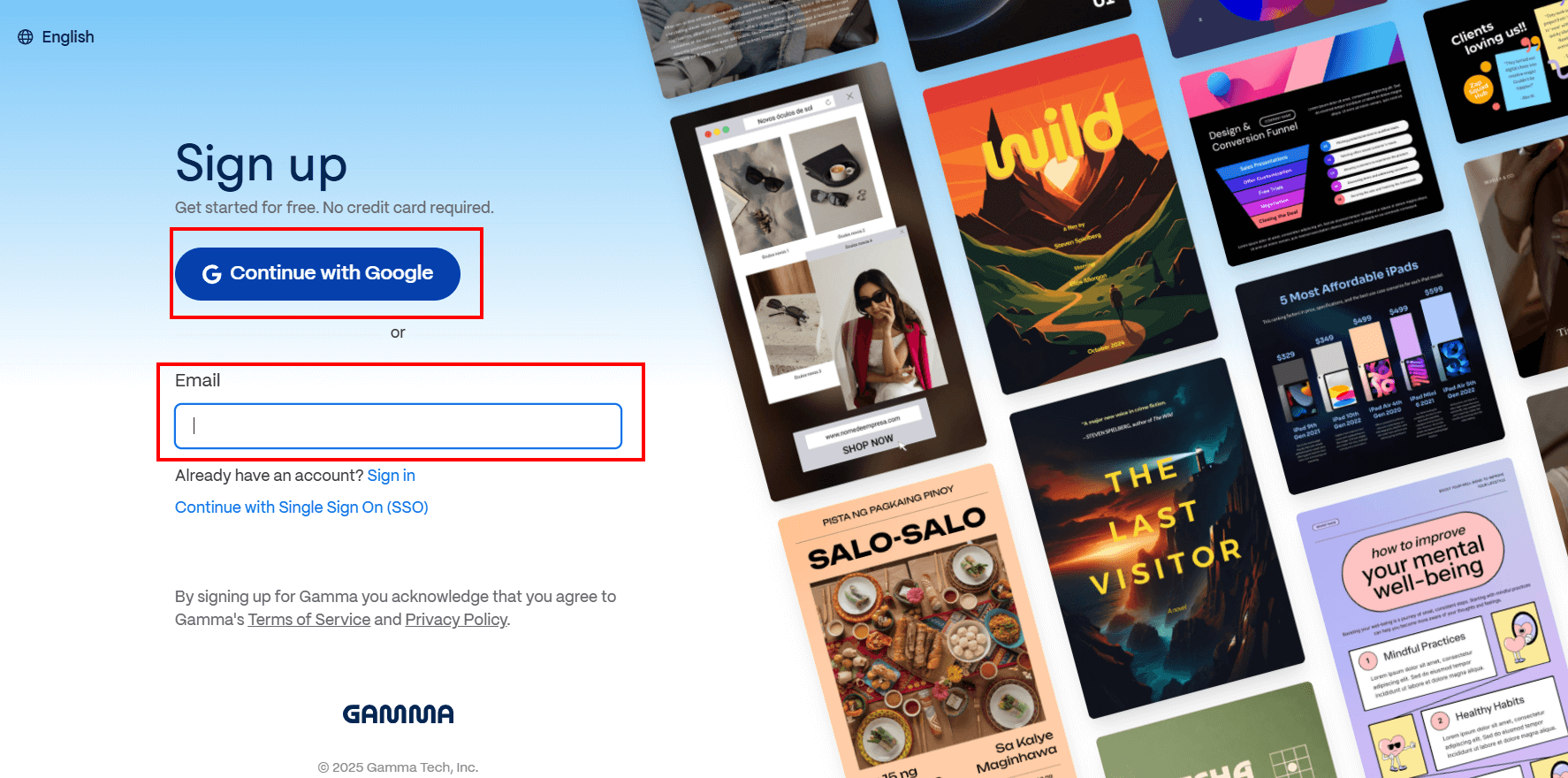 Tela de cadastro do Gamma com opções para continuar com Google ou inserir email, ao lado de exemplos de designs e layouts criados na plataforma