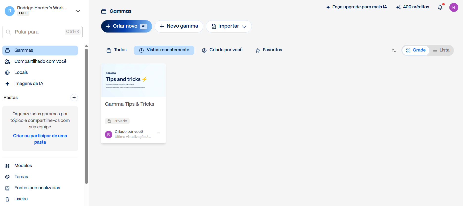 Painel inicial do Gamma mostrando a lista de projetos, com opções de criar novo conteúdo, importar arquivos e acessar pastas, além de um card do projeto 'Gamma Tips & Tricks'
