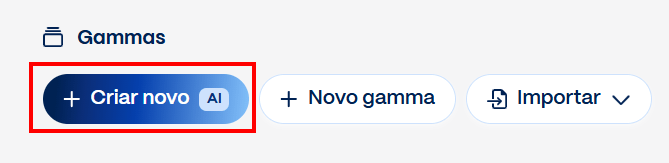 Botão 'Criar novo' com opção de geração por IA na interface do Gamma