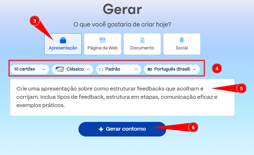 Tela de geração de conteúdo no Gamma, com a opção 'Apresentação' selecionada e menus para escolher número de cartões, estilo, layout e idioma. Abaixo, um campo de texto com o prompt preenchido e o botão 'Gerar contorno' destacado