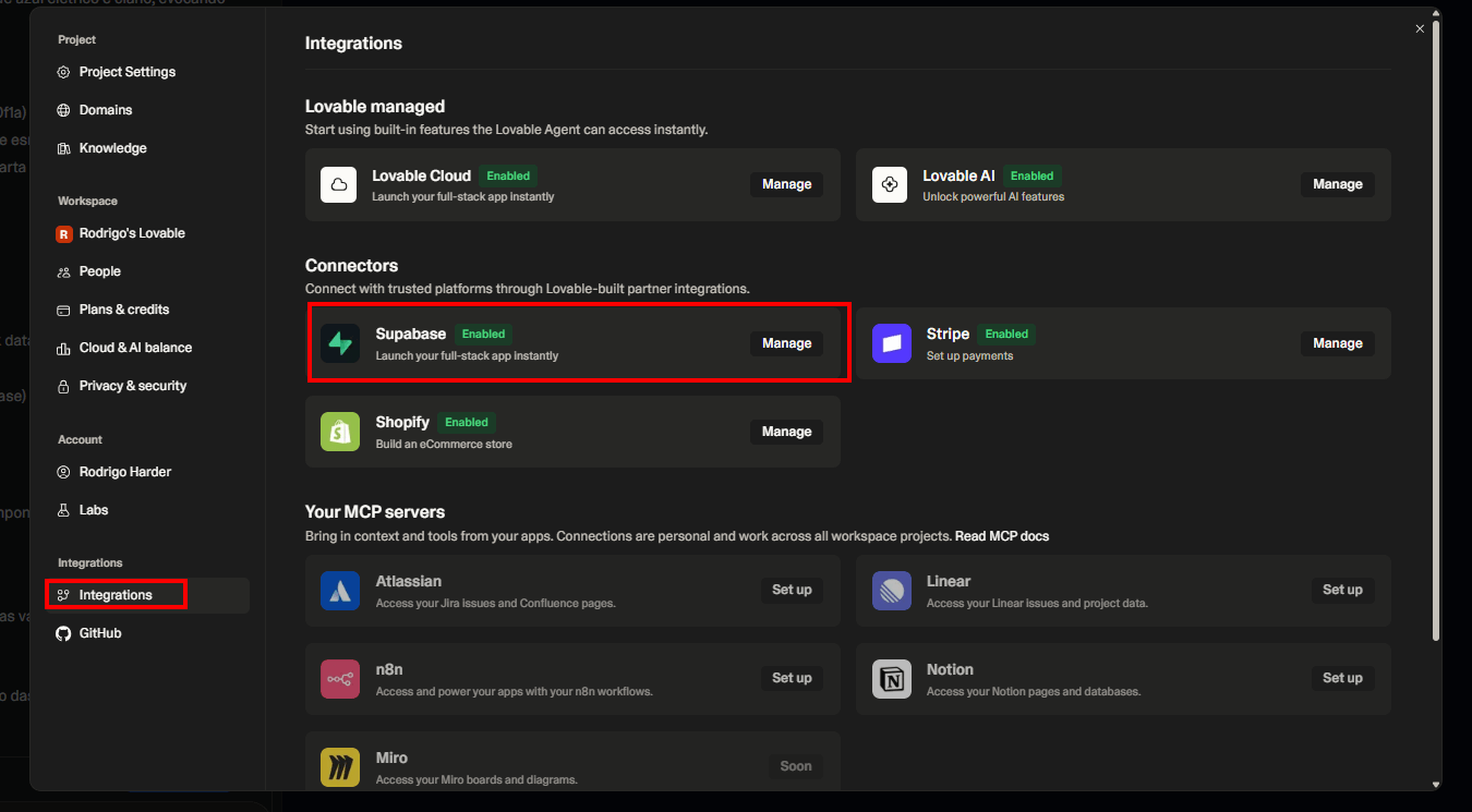 Tela de configurações do Lovable com a opção integrations aberta e o supabase em destaque no centro da tela