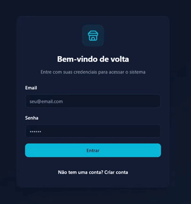Tela de login do sistema de vendas criada pelo Lovable. De cima para baixo temos a mensagem "bem-vindo de volta", seguida de um subtítulo "entre com suas credenciais para acessar o sistema". Abaixo temos o campo de e-mail e senha, seguidos pelo botão de Entrar e pelo botão de criar conta