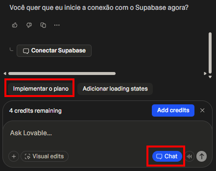 Tela de chat na lateral à esquerda. Temos um campo de mensagem e o botão Chat habilitado e em destaque. Também há um botão Implementar o plano em destaque