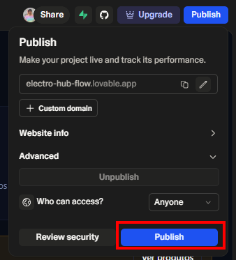 Tela de publicação do site criado pelo Lovable. Na parte superior temos o link de publicação, e na parte inferior o botão Publish em destaque
