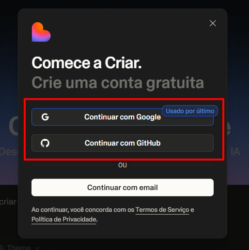Modal de acesso para se cadastrar no Lovable com destaque para os acessos rápidos pelo Gmail ou pelo GitHub