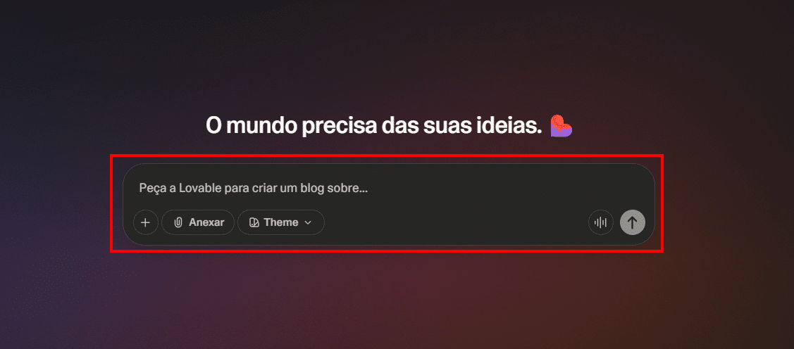 Tela principal do Lovable após fazer o login, com um bloco de chat no centro da tela