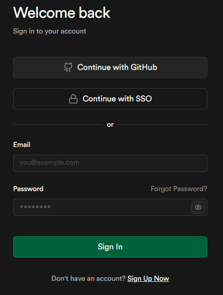 Tela de login do Supabase com botões para acessar através de SSO, Github, ou campos de preenchimento para acessar através de e-mail e senha