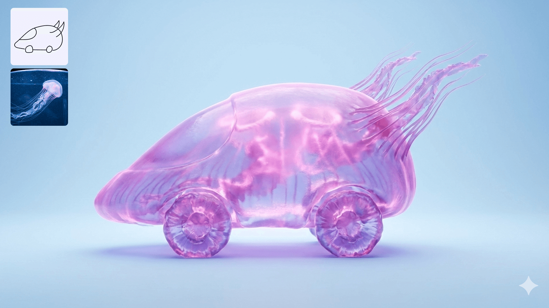 Carrinho com textura de água viva criado a partir de um desenho de carro e uma imagem de água viva