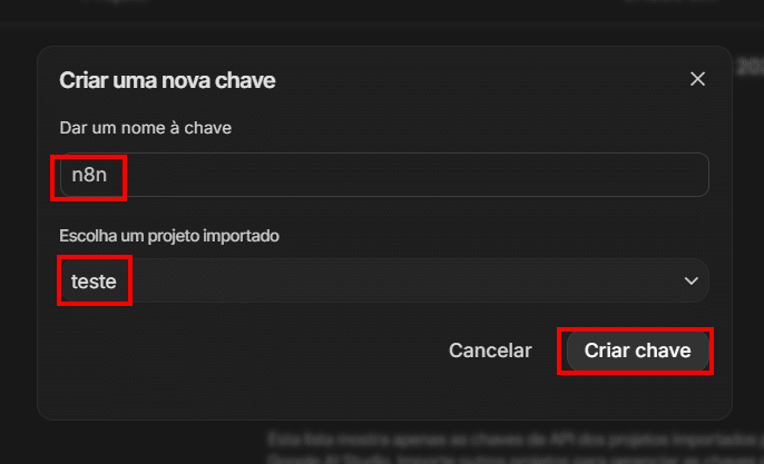 Formulário para a criação da chave de API com o campo de nome da chave, o campo de projeto e o botão criar chave em destaque