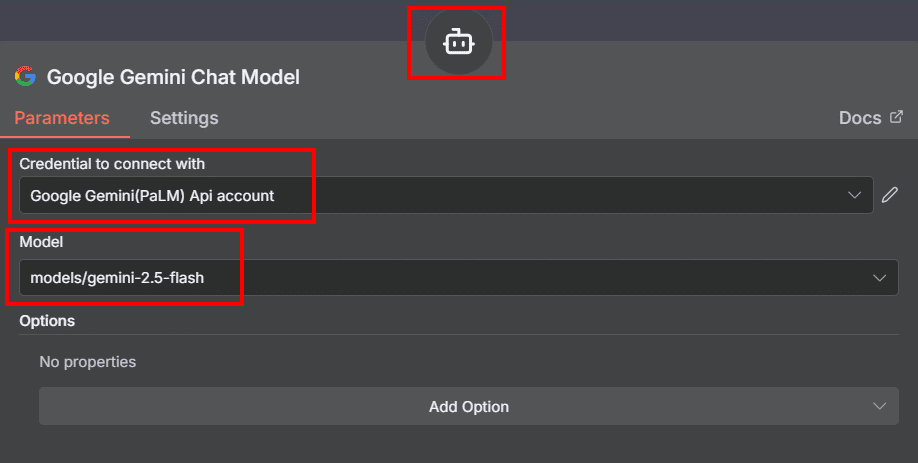Tela dos parâmetros de configuração do chat model com o campo da credencial e do modelo em destaque e na parte superior ao centro o ícone de robô também em destaque
