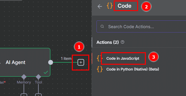 Tela do n8n com o procedimento para adicionar o nó de Code in JavaScript
