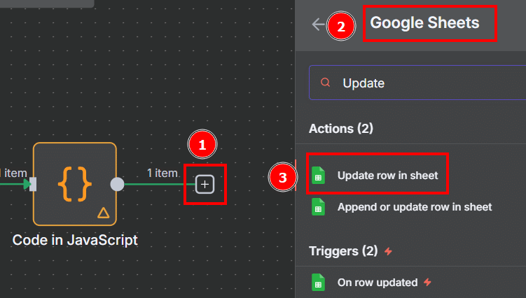 Tela do n8n com os passos para inserir o nó do Append row in sheet