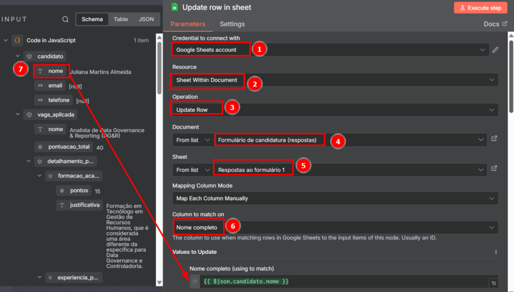 Tela de configuração dos parâmetros do nó Update row in sheet. Destaque para os campos Credential to connect with com uma credencial criada, Resource preenchido com Sheet within document, o campo Operation preenchido com Update row, o campo Document preenchido com Formulário de candidatura (respostas), o campo Sheet preenchido com Respostas ao formulário 1, o campo column to match on preenchido com nome completo e ao lado esquerdo a informação nome do nó anterior com uma seta apontando para o campo nome do completo da seção Values to update