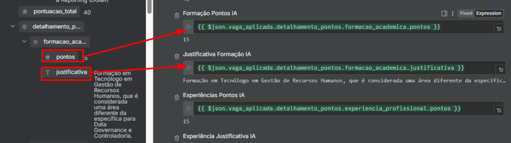 Tela de configuração dos parâmetros do nó Update row in sheet, com as informações pontos e justificativa referentes à formação acadêmica sendo direcionadas por uma seta para os campos formação pontos IA e formação justificativa IA respectivamente