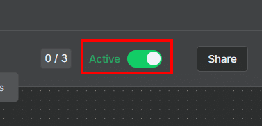 Tela do workflow do n8n com a opção de ativar a automação em destaque