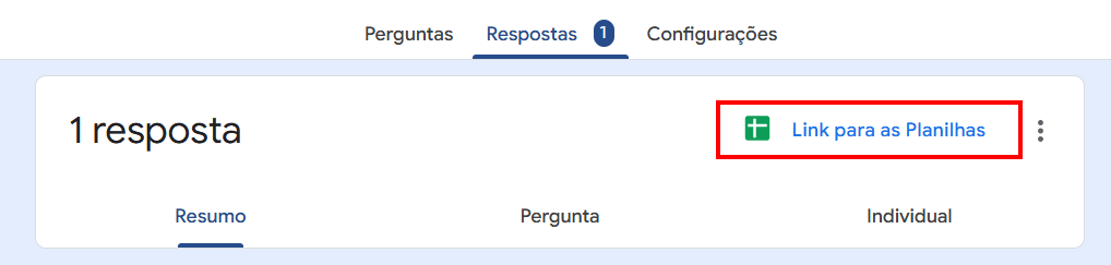 Tela do formulário na aba de respostas com destaque para o link que cria uma planilha do google