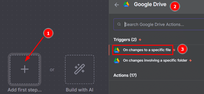 Tela do n8n com a sequência: o botão Add first step, Google drive e a opção de gatilho on changes to a specific folder