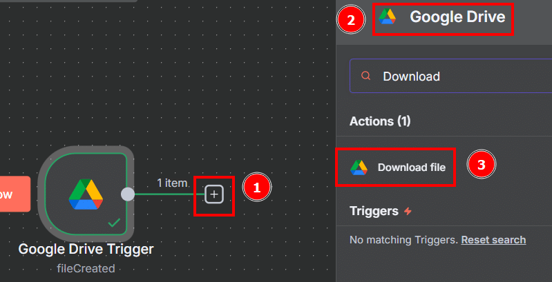 Tela do n8n com a sequência de passos para adicionar o nó Download file do Google Drive