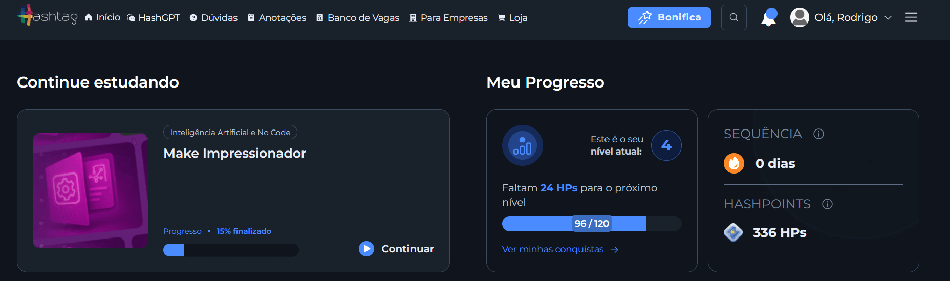 Tela inicial do site da Hashtag com a seção de continue estudando e meu progresso