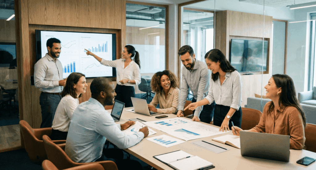 Equipe engajada após workshop corporativo, mostrando colaboração e aprendizado prático.