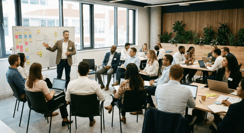 Equipe participando de um workshop corporativo com atividades práticas e colaborativas.