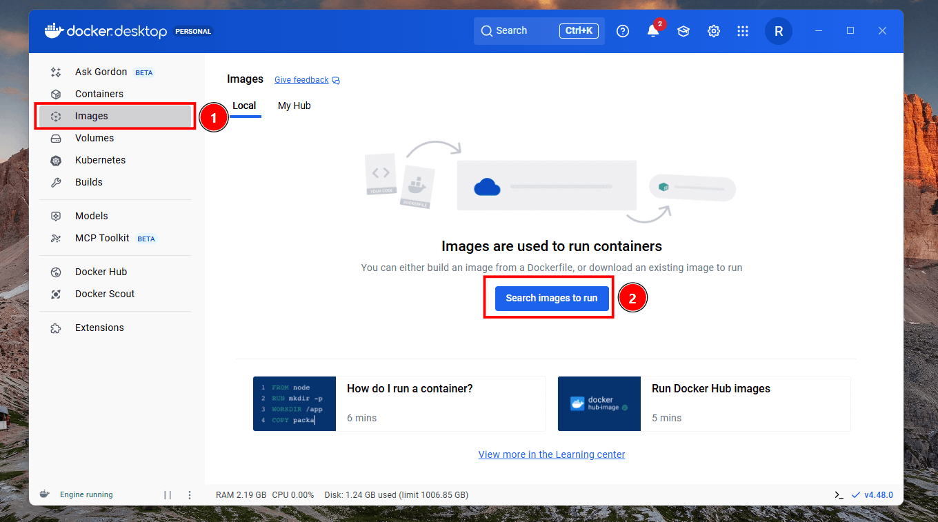 Tela do Docker Desktop com a aba Images no menu lateral em destaque e o botão Search Images to run em destaque no centro da tela