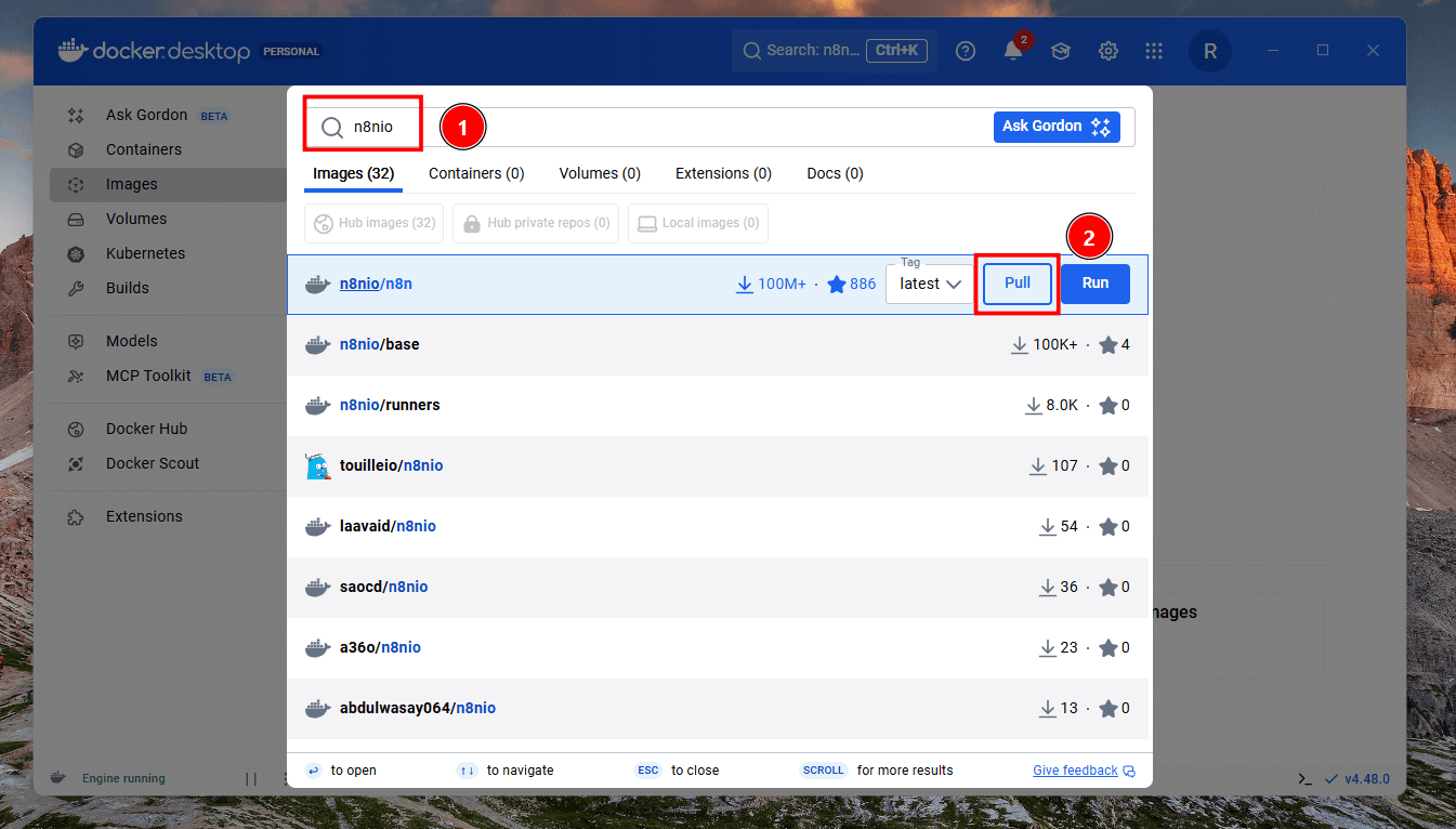 Tela de busca preenchida com n8nio e uma lista com várias opções onde o botão Pull da primeira opção intitulado n8nio/n8n está em destaque