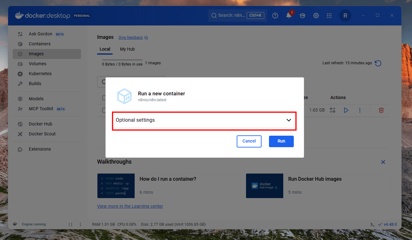 Tela do Docker Desktop com o modal para rodar um novo container aberto e as configurações opcionais em destaque