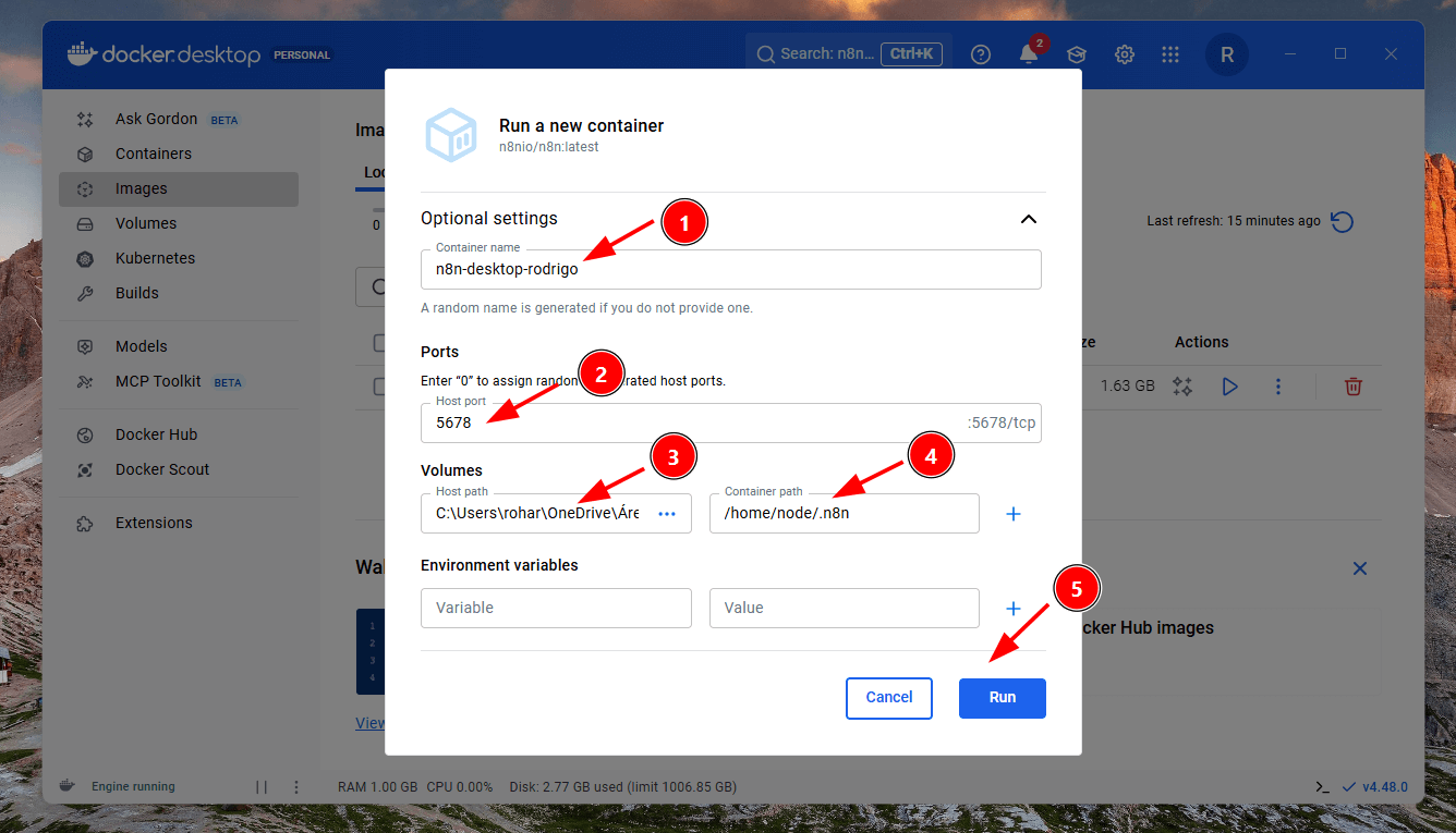 Configurações necessárias para rodar o n8n no computador usando o Docker Desktop