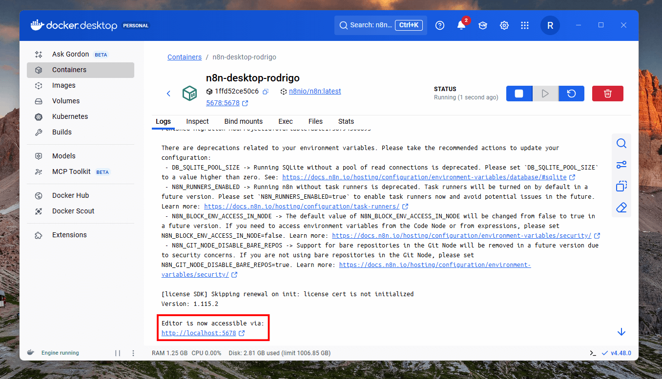 Tela do Docker Desktop após rodar o container do n8n com o link de acesso do editor em destaque na parte inferior da tela