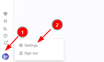 Canto inferior esquerdo da tela do n8n, com o ícone de perfil clicado e a opção Settings em destaque