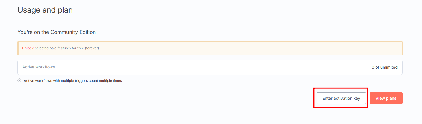 Tela do n8n para ativação de planos e usos com o botão "Enter activation key" em destaque