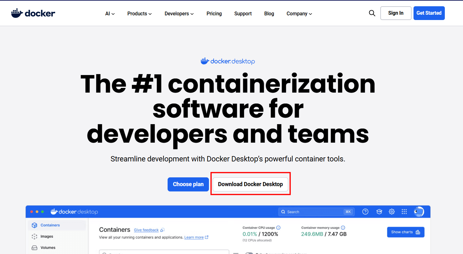 Tela inicial do Docker com o botão Download Docker Desktop em destaque no centro da tela