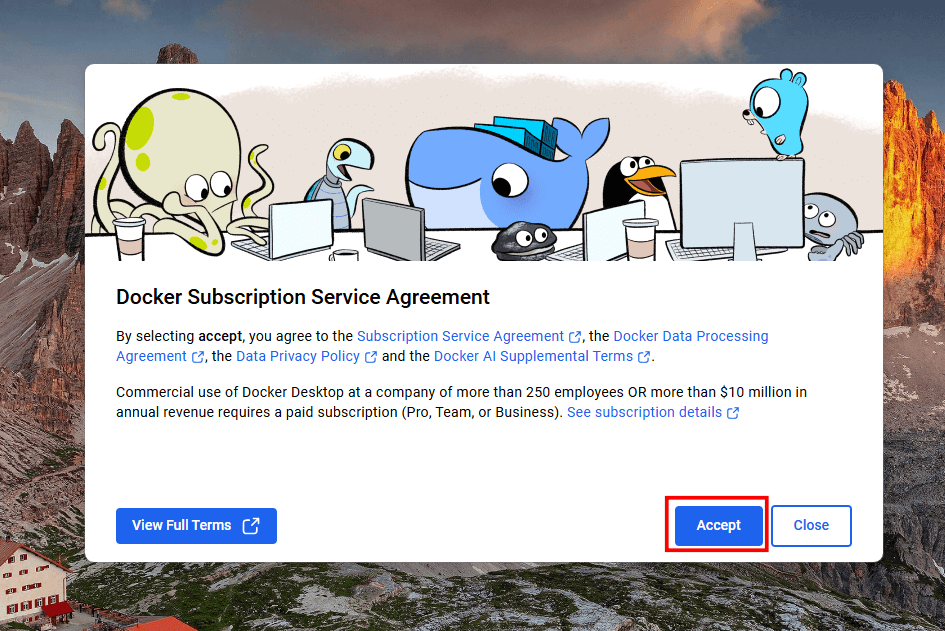 Tela de termos e condições do Docker Desktop com o botão Accept em destaque no canto inferior direito