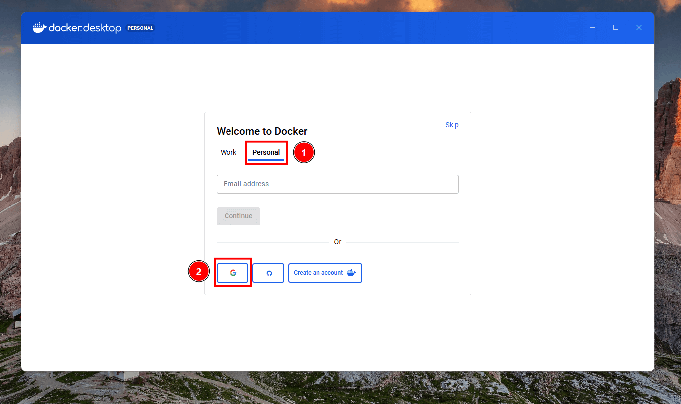 Tela de login do Docker Desktop com a aba Personal em destaque próximo ao título da tela e o ícone do Google em destaque na parte inferior do formulário