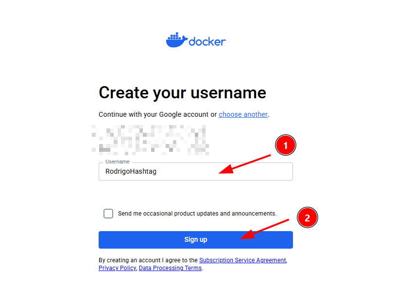 Tela do Docker no navegador para inserir o username da conta do Docker