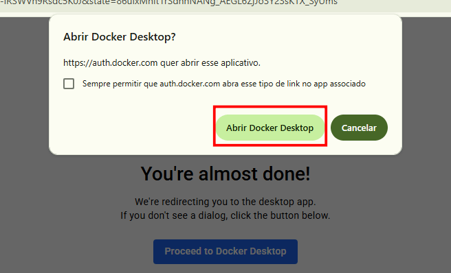 Mensagem para abrir o Docker Desktop com o botão Abrir Docker Desktop em destaque