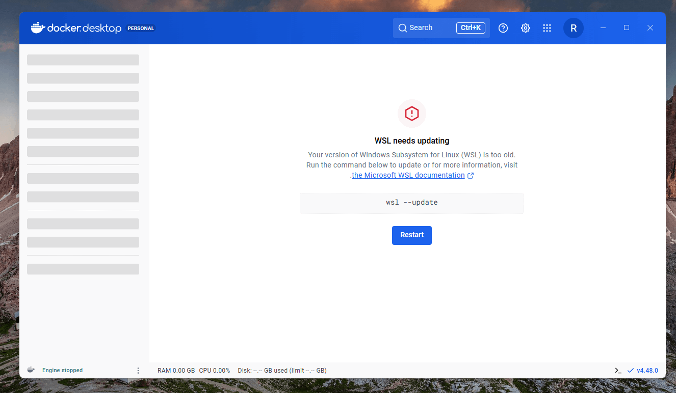 Tela do Docker Desktop com a mensagem "WSL needs updating", o comando wsl --update e o botão de Restart todos centralizados na tela
