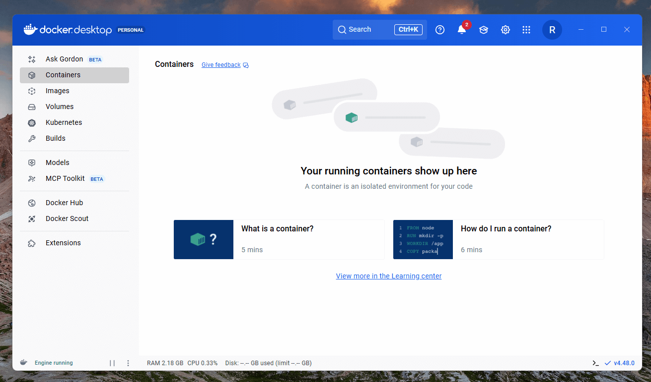 Tela inicial do Docker Desktop