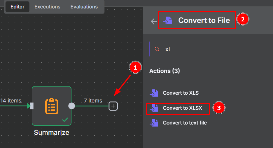 Tela do n8n com o botão de adição em destaque e na lateral direita o nó convert to file em destaque com a opção Convert to XLSX selecionada