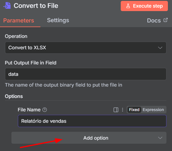 Tela de configuração dos parâmetros do nó convert to file, com a opção adicional do campo File name com o nome do arquivo como Relatório de vendas