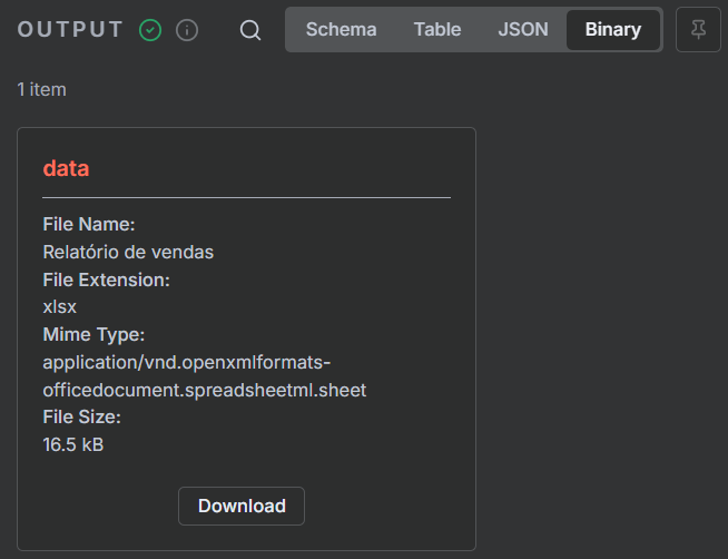 Tela da área de Output do nó convert to file com a saída de um arquivo no formato xlsx para download
