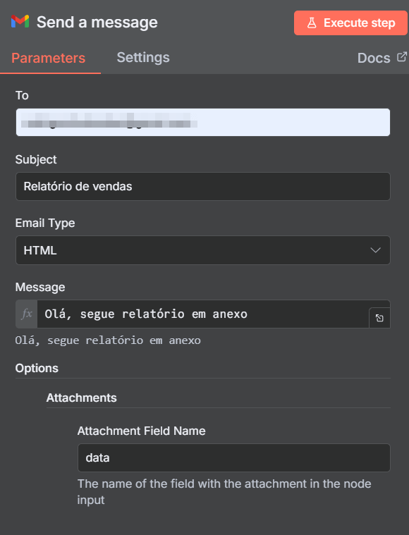 Tela de configuração dos parâmetros do nó que envia uma mensagem via gmail, com os campos preenchidos