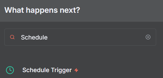 Opção do nó Schedule Trigger em destaque