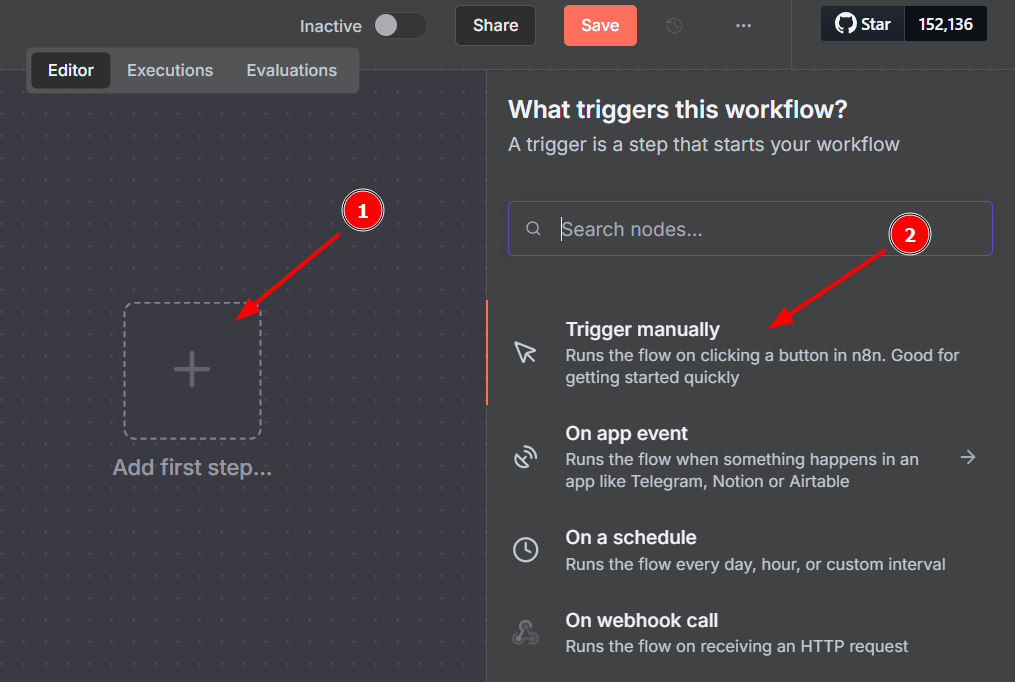 Tela do n8n com o botão Add first step e a opção Trigger manually em destaque