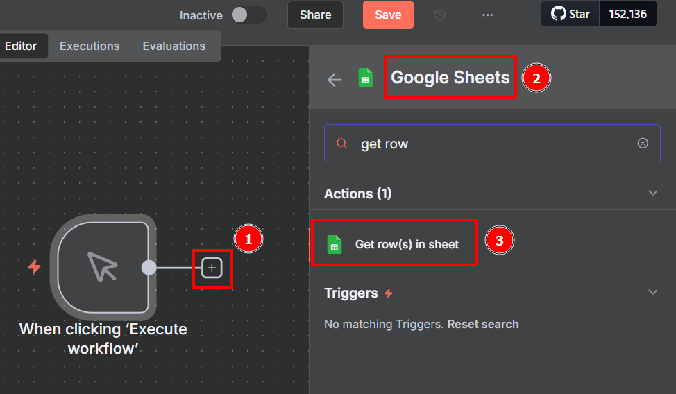 Tela do n8n com o botão de adição ao lado direito do nó When clicking Execute workflow indicado como primeiro passo e na lateral direita uma tela com a aba Google Sheets e a opção Get row(s) in sheet destacados