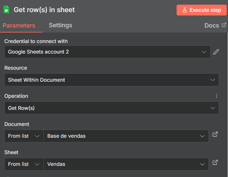 Tela da configuração de parâmetros do nó Get row(s) in sheet com os dados preenchidos