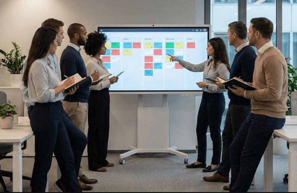 Tela de quadro Kanban com tarefas organizadas em colunas, representando o uso do Trello para gerenciamento de equipes.
